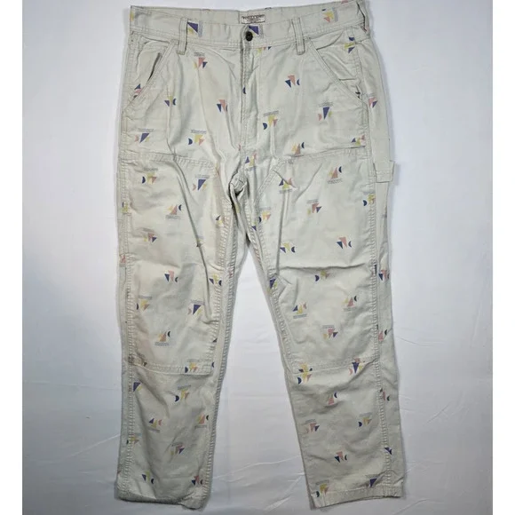 Wallace & Barnes Carpenter Canvas Double Knee AOP Geo Print Cream Tan Y2K 36x30 - Picture 2 of 10